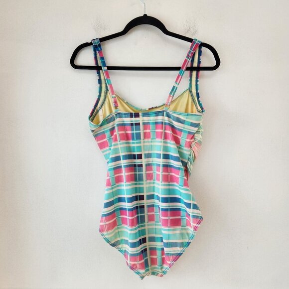 Talbots Pink Teal Geometric One-Piece Swimsuit Bathing Suit Slimming Size 12 - Picture 2 of 9